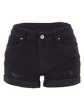 greatnfb Solid Rolled Hem Denim Shorts, Slim Fit Slash Pockets Ripped Short Denim Pants, Women's Denim Jeans & Clothing