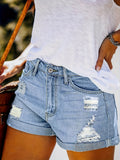 greatnfb Solid Rolled Hem Denim Shorts, Slim Fit Slash Pockets Ripped Short Denim Pants, Women's Denim Jeans & Clothing
