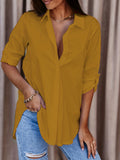 greatnfb  Solid Button Down Shirt, Casual Roll Up Sleeve Curved Hem Shirt, Women's Clothing
