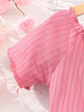 2PCS Girls Puff Short Sleeve T-shirt Top + Stripped Pants Set Spring Fall Christmas Gift, perfect for outdoor fashion wear