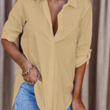 greatnfb  Solid Button Down Shirt, Casual Roll Up Sleeve Curved Hem Shirt, Women's Clothing
