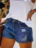 greatnfb Solid Rolled Hem Denim Shorts, Slim Fit Slash Pockets Ripped Short Denim Pants, Women's Denim Jeans & Clothing