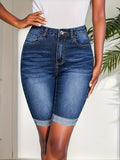 greatnfb Roll Up Trim Washed Denim Shorts, Slant Pocket Mid-stretch Streetwear Stylist Denim Shorts, Women's Denim Jeans & Clothing