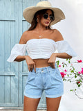 greatnfb Double Button Light Washed Pleated Denim Shorts, Slash Pocket Casual Denim Shorts, Women's Denim Jeans & Clothing