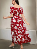 greatnfb  Floral Print Square Neck Dress, Elegant Puff Sleeve Ruffle Cuff Backless A-line Dress For Spring & Summer, Women's Clothing