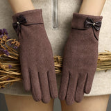 Solid Color Bow Decor Gloves Stylish Fleece Warm Touch Screen Gloves Winter Outdoor Driving Coldproof Gloves