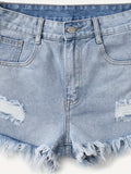 greatnfb Raw Trim Ripped Holes Denim Shorts, Button Zipper Closure Leisure Fashion Denim Shorts For Summer, Women's Denim Jeans & Clothing