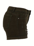 greatnfb Solid Rolled Hem Denim Shorts, Slim Fit Slash Pockets Ripped Short Denim Pants, Women's Denim Jeans & Clothing