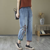 8823-29 Elastic Waist Embroidered Stretch Jeans for Women Western Style Youthful-Looking Summer New Casual Slimming Cropped Pants
