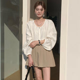 Spring New Japanese and Korean Casual Lazy Linen Blended Top Premium Sense Sleeve Thin Blouse Shirt Women