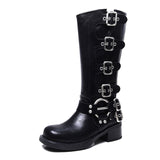 GREATBFB Yi Mengling Same Style Brush Color Genuine Leather Knee-High Boots  New Square Head Sleeve Motorcycle Retro Western Cowboy Boot Fashion