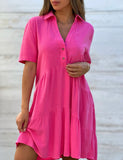 GREATNFB  Cross-Border Foreign Trade European and American Women's Clothing  Skirt Loose Solid Color Polo Collar Casual Short Sleeve Cotton Linen Dress