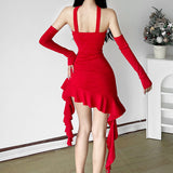 2025 style popular autumn new women's clothing Christmas one-word collar neck sleeve slim waist dress