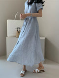 Striped shirt dress women's summer medium and long loose Korean version lace-up waist and thin temperament short-sleeved cotton and linen skirt