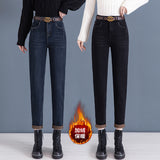 High Waist Daddy Jeans for Women 2025 New Autumn and Winter Velvet Padded Slimming Loose Cropped Harem Tappered Pants