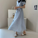 Striped shirt dress women's summer medium and long loose Korean version lace-up waist and thin temperament short-sleeved cotton and linen skirt