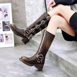 GREATBFB Yi Mengling Same Style Brush Color Genuine Leather Knee-High Boots  New Square Head Sleeve Motorcycle Retro Western Cowboy Boot Fashion
