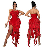 GREATNFB Cy901043 European and American Foreign Trade Tube Top Solid Color Dress Sexy Irregular Tassel High Slit Dress Women