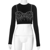 ANTMVSH24TP079 2025 New women's clothing autumn new casual hot diamond long-sleeved round neck ultra-short open-button slim-fit top