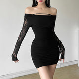 2025 style popular autumn new women's clothing tight pleated design transparent lace rotator sleeve hip wrap dress