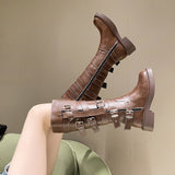 GREATNFB Belt Buckle Thick Heel Brown Leather Boots for Women Spring and Autumn Retro below the Knee Boots Knee-High Boots Knight Fashion Boots