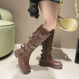 GREATNFB Belt Buckle Thick Heel Brown Leather Boots for Women Spring and Autumn Retro below the Knee Boots Knee-High Boots Knight Fashion Boots