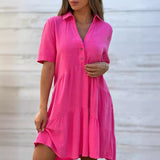 GREATNFB  Cross-Border Foreign Trade European and American Women's Clothing  Skirt Loose Solid Color Polo Collar Casual Short Sleeve Cotton Linen Dress