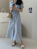 Striped shirt dress women's summer medium and long loose Korean version lace-up waist and thin temperament short-sleeved cotton and linen skirt