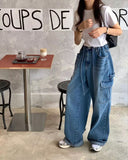 South Korea 2025 Spring New Fashionable All-Match Drawstring Large Pocket Neutral Loose Overalls Wide-Leg Jeans Women