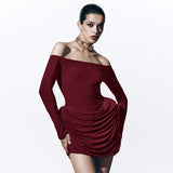 ANTMVSF24DS213 2025 New women's clothing autumn new temperament solid color one-word shoulder long-sleeved high-waisted short dress