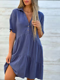 GREATNFB  Cross-Border Foreign Trade European and American Women's Clothing  Skirt Loose Solid Color Polo Collar Casual Short Sleeve Cotton Linen Dress