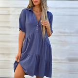 GREATNFB  Cross-Border Foreign Trade European and American Women's Clothing  Skirt Loose Solid Color Polo Collar Casual Short Sleeve Cotton Linen Dress
