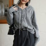 Hooded drawstring wool sweater spring new Japanese and Korean casual cardigan top long-sleeved V-neck 100% wool knitted sweater