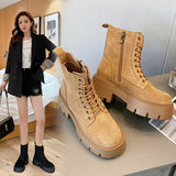GREATBFB Martin Boots for Women  Autumn and Winter New Thick-Soled Leather Short Boots British Suede Leather Fashion All-Matching Motorcycle Boots