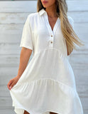 GREATNFB  Cross-Border Foreign Trade European and American Women's Clothing  Skirt Loose Solid Color Polo Collar Casual Short Sleeve Cotton Linen Dress
