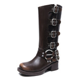 GREATBFB Yi Mengling Same Style Brush Color Genuine Leather Knee-High Boots  New Square Head Sleeve Motorcycle Retro Western Cowboy Boot Fashion