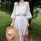 2025 spring and summer new Popularan women's clothing crew neck embroidered lace belt waist linen white dress