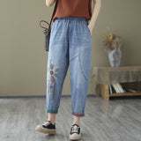8823-29 Elastic Waist Embroidered Stretch Jeans for Women Western Style Youthful-Looking Summer New Casual Slimming Cropped Pants
