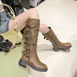 GREATNFB Belt Buckle Thick Heel Brown Leather Boots for Women Spring and Autumn Retro below the Knee Boots Knee-High Boots Knight Fashion Boots
