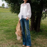 2025 spring and summer new Popularan women's clothing crew neck embroidered lace belt waist linen white dress