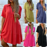 GREATNFB  Cross-Border Foreign Trade European and American Women's Clothing  Skirt Loose Solid Color Polo Collar Casual Short Sleeve Cotton Linen Dress
