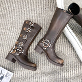 GREATBFB Yi Mengling Same Style Brush Color Genuine Leather Knee-High Boots  New Square Head Sleeve Motorcycle Retro Western Cowboy Boot Fashion