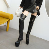 GREATBFB Heel Shoes Stiletto Waterproof Platform over the Knee Boots Model High Heel Platform Shoes Platform Patent Leather Women's Boots Large Size Shoes Stage Show