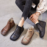 GREATNFB Ccvv Spring New Retro Handmade Genuine Leather Square Toe Leisure Boots Hole Hollow-out Ankle Boots Breathable Cowhide Boots