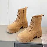 GREATBFB Martin Boots for Women  Autumn and Winter New Thick-Soled Leather Short Boots British Suede Leather Fashion All-Matching Motorcycle Boots