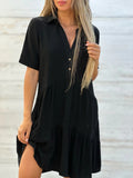 GREATNFB  Cross-Border Foreign Trade European and American Women's Clothing  Skirt Loose Solid Color Polo Collar Casual Short Sleeve Cotton Linen Dress