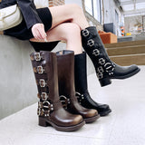 GREATBFB Yi Mengling Same Style Brush Color Genuine Leather Knee-High Boots  New Square Head Sleeve Motorcycle Retro Western Cowboy Boot Fashion