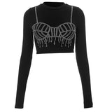 ANTMVSH24TP079 2025 New women's clothing autumn new casual hot diamond long-sleeved round neck ultra-short open-button slim-fit top