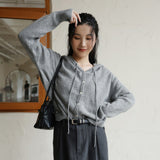 Hooded drawstring wool sweater spring new Japanese and Korean casual cardigan top long-sleeved V-neck 100% wool knitted sweater