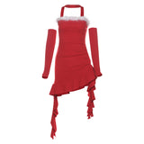 2025 style popular autumn new women's clothing Christmas one-word collar neck sleeve slim waist dress